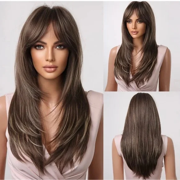 Human hair blend gradient light brown highlights blonde layered wig Long Blonde Human Hair Wigs Light Blonde Layered Wig With  main image 3